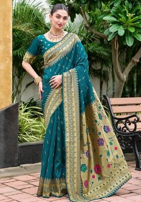 Blue Embroidered Silk Saree Set
