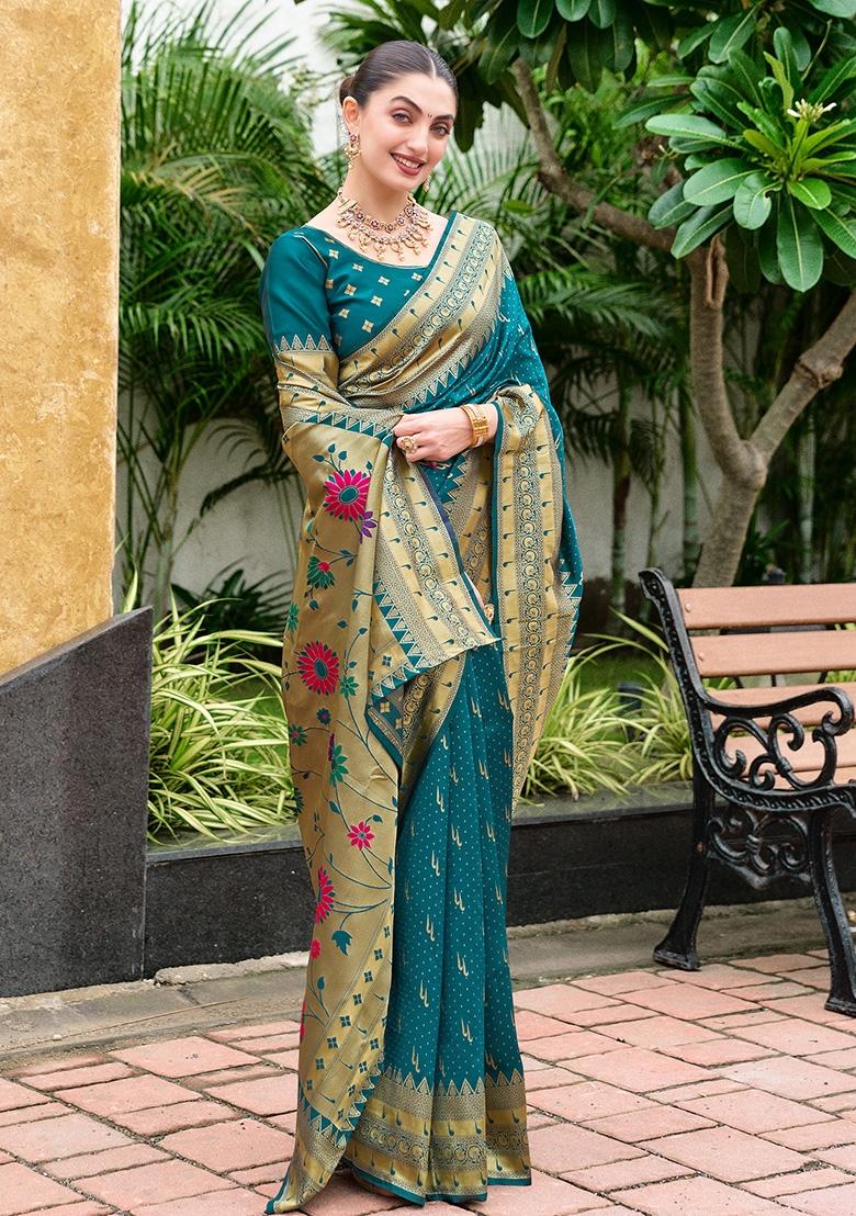 Blue Embroidered Silk Saree Set - Indya