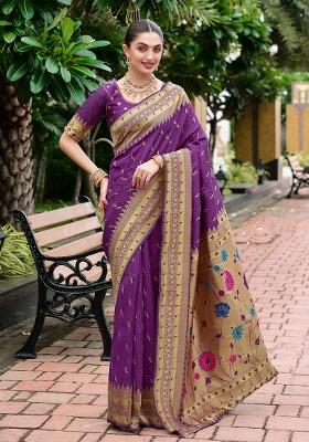 Purple Embroidered Silk Saree Set