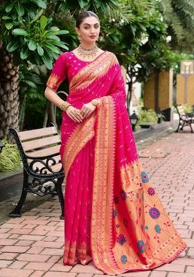 Pink Embroidered Silk Saree Set