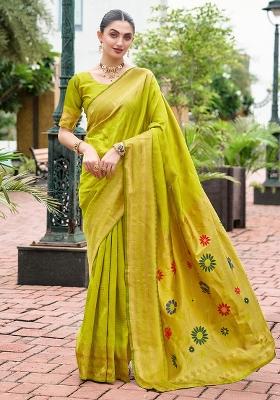 Green Embroidered Silk Saree Set