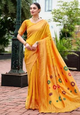 Orange Embroidered Silk Saree Set