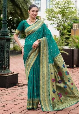 Green Embroidered Silk Saree Set