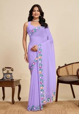 Purple Printed faux georgette Saree Set