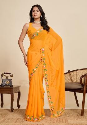 Yellow Printed faux georgette Saree Set