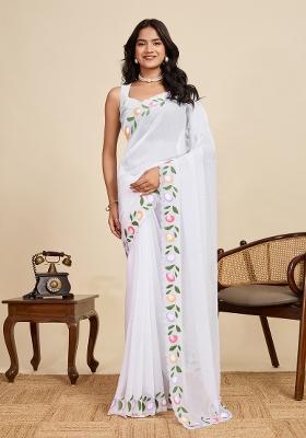 White Printed faux georgette Saree Set