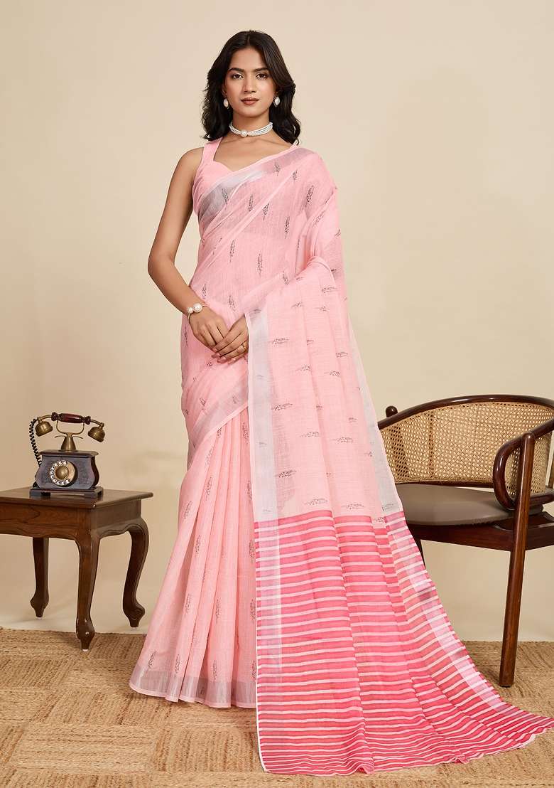 Pink linen Saree Set with Embroidered for Diwali | Wedding & Festive Wear - Indya