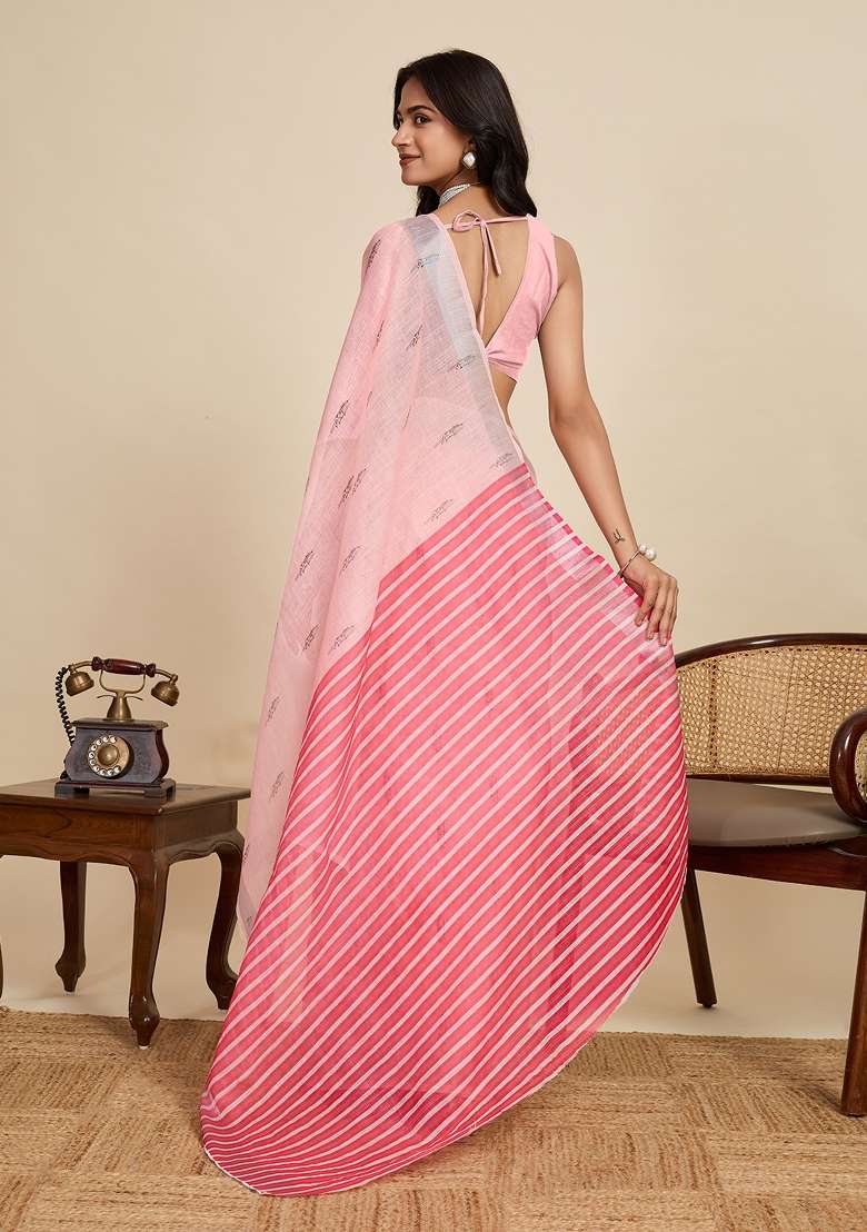 Pink linen Saree Set with Embroidered for Diwali | Wedding & Festive Wear - Indya