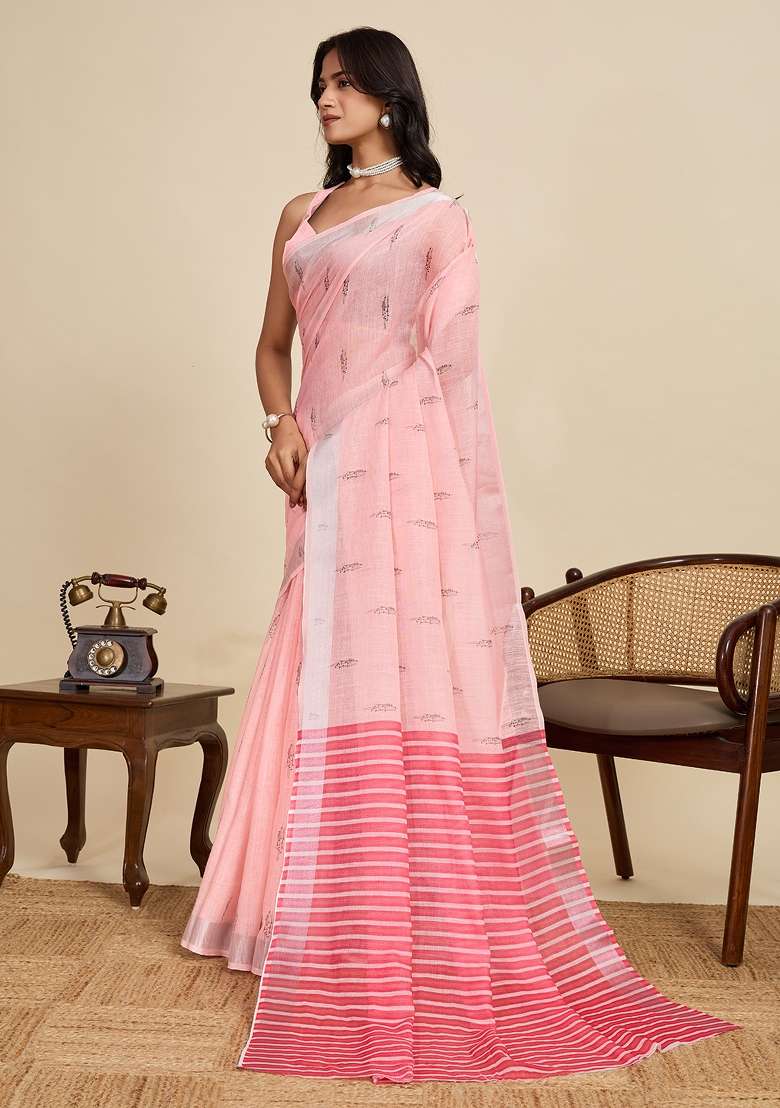 Pink linen Saree Set with Embroidered for Diwali | Wedding & Festive Wear - Indya