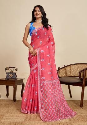 Red Embroidered linen Saree Set