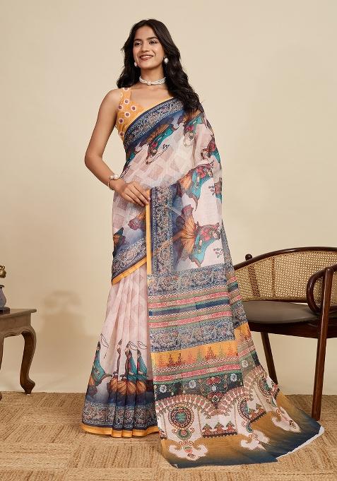 Beige Embroidered linen Saree Set