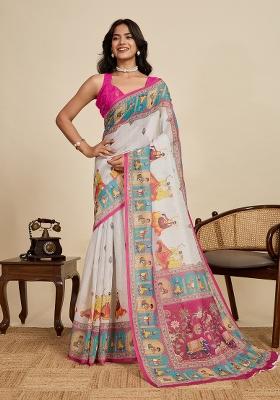 Beige Embroidered linen Saree Set