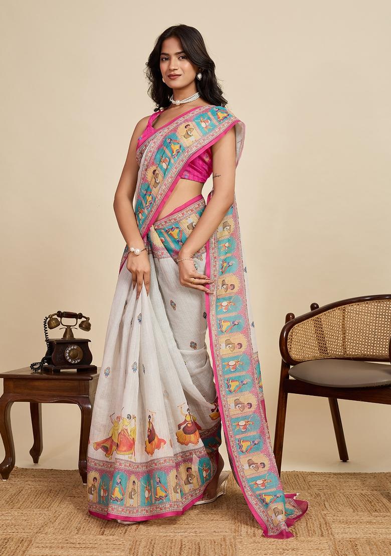 Beige Embroidered linen Saree Set - Indya