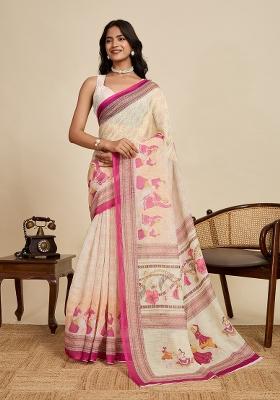 Beige Embroidered linen Saree Set