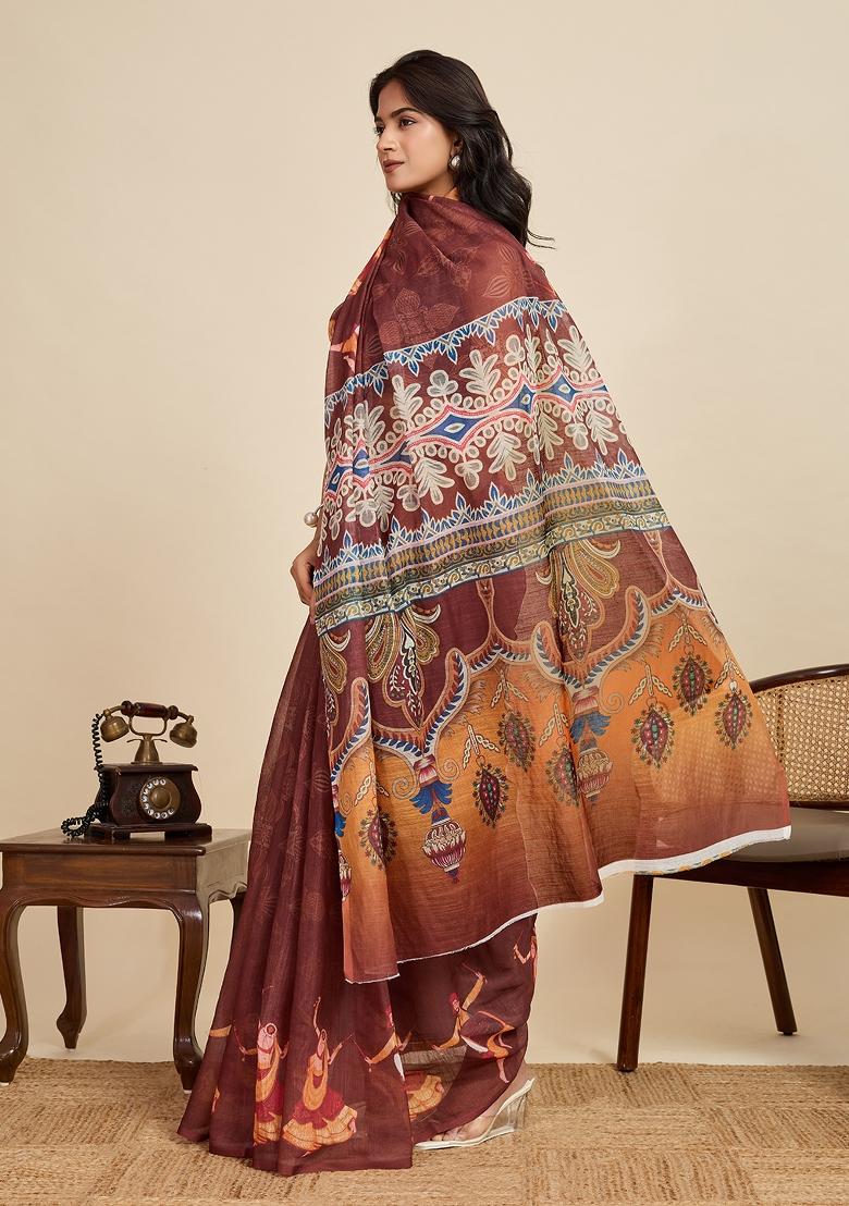 Brown Embroidered linen Saree Set - Indya