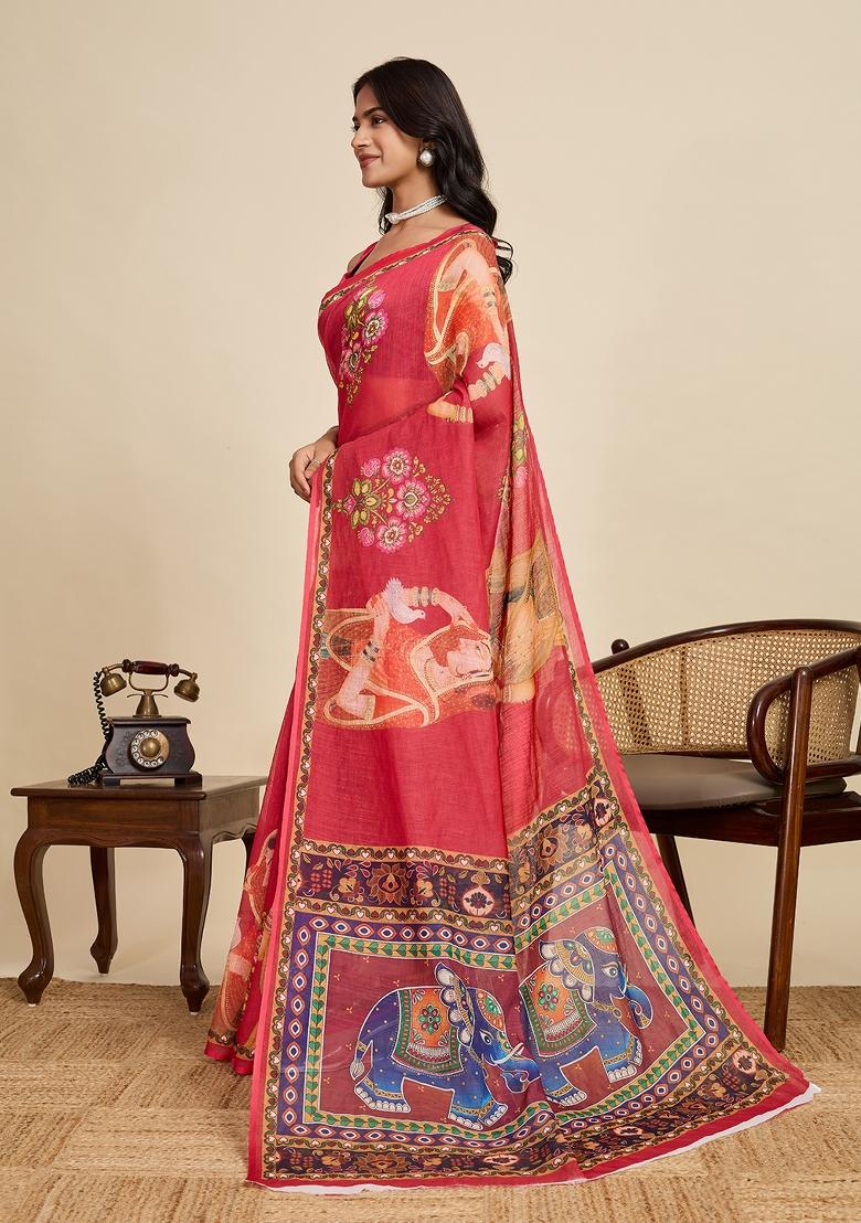 Maroon Embroidered linen Saree Set - Indya