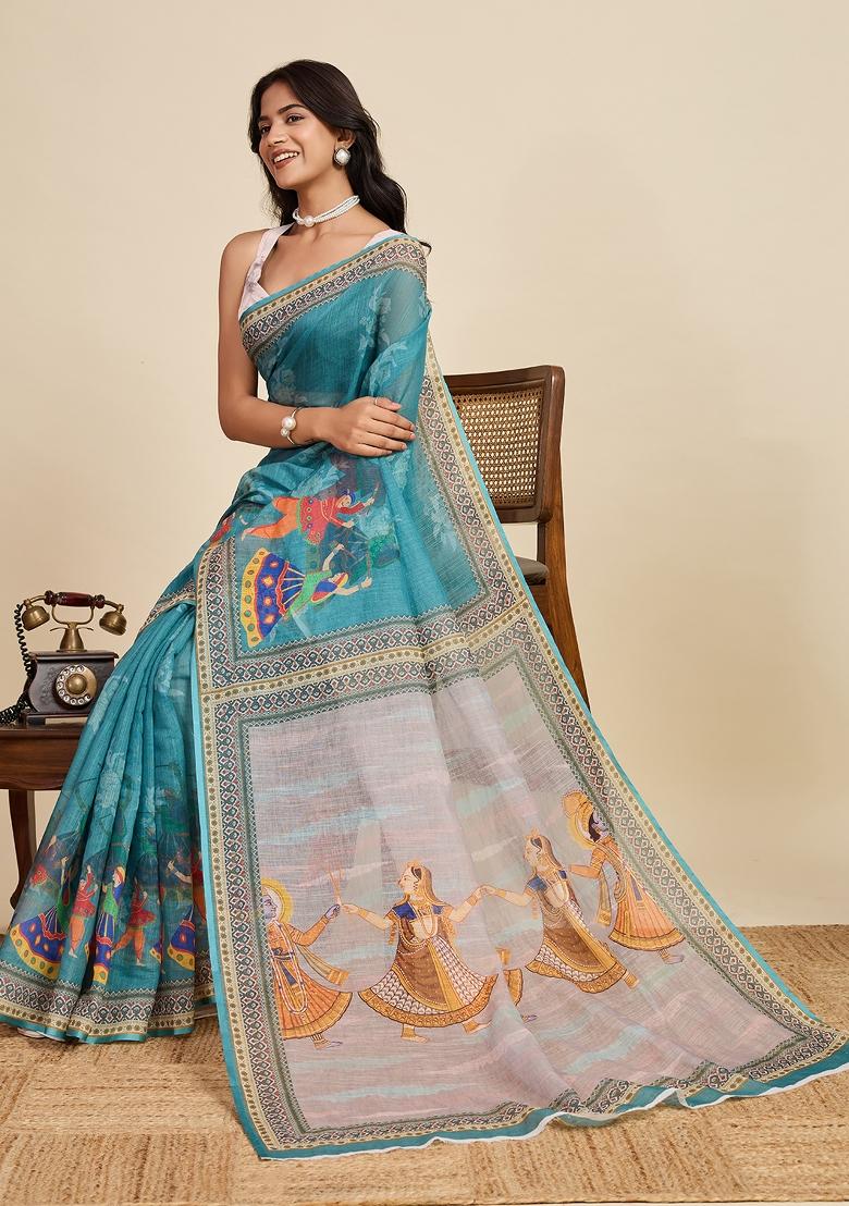 Blue Embroidered linen Saree Set - Indya