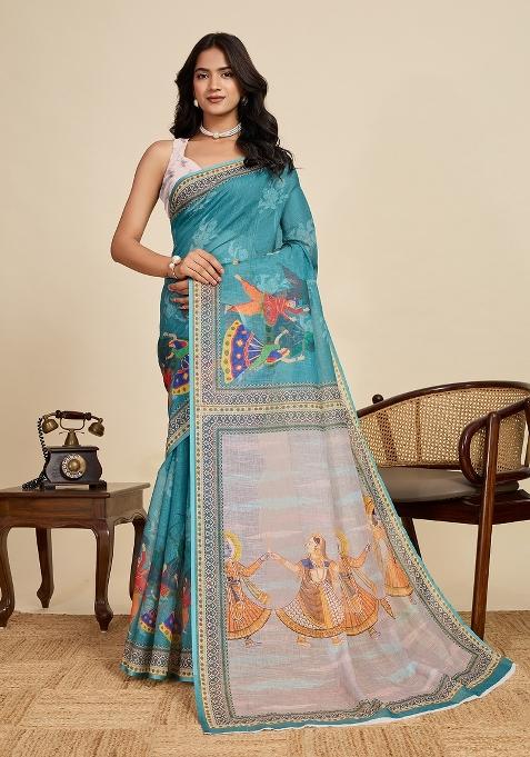 Blue Embroidered linen Saree Set — view on Indya