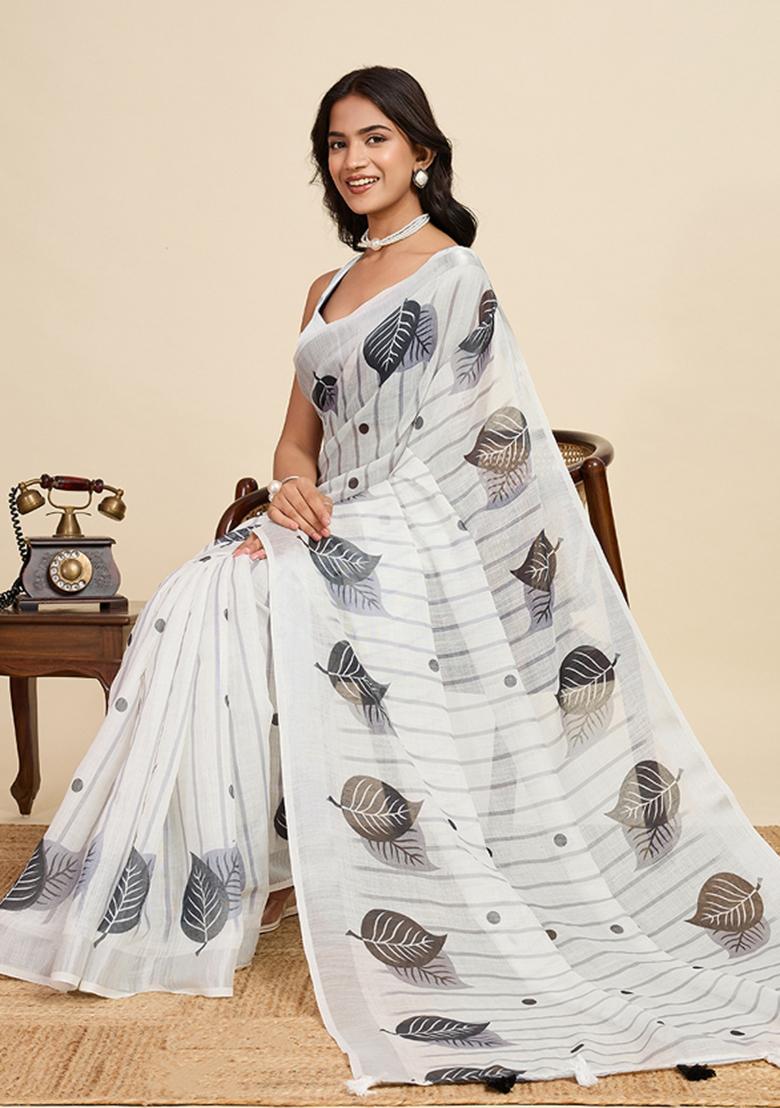 Beige Embroidered linen Saree Set - Indya