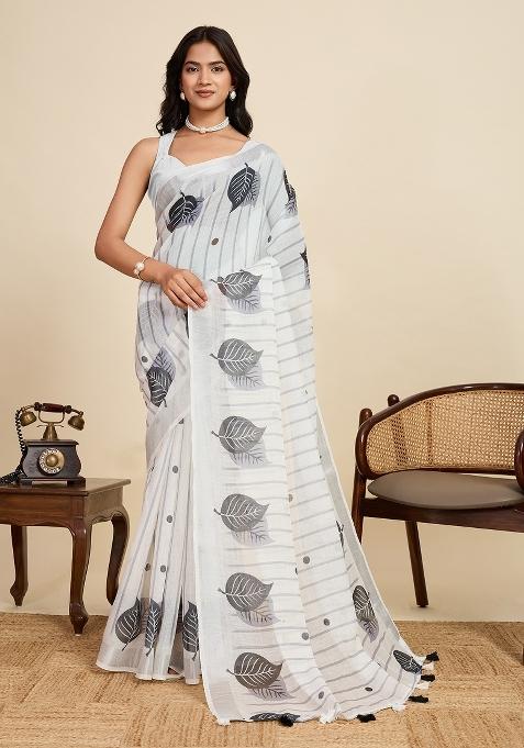 Beige Embroidered linen Saree Set — view on Indya