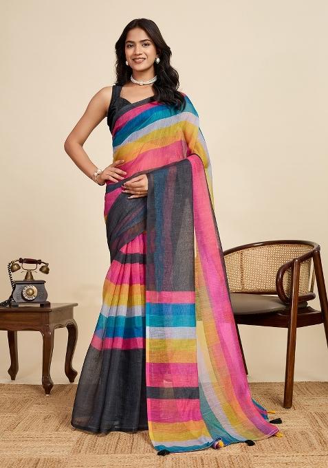 Multi Embroidered linen Saree Set — view on Indya