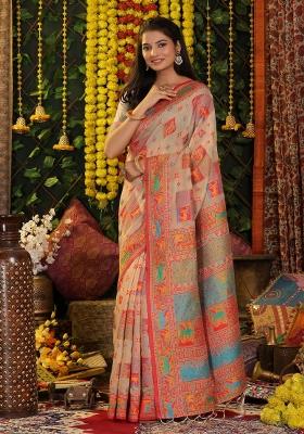 Beige Embroidered Cotton Saree Set