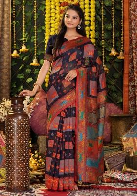 Blue Embroidered Cotton Saree Set