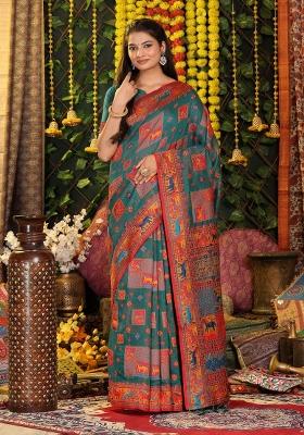 Green Embroidered Cotton Saree Set