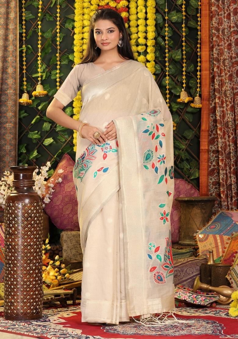 Beige Embroidered Cotton Saree Set - Indya