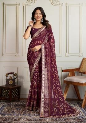 Wine Embroidered faux georgette Saree Set