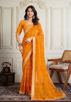 Yellow Embroidered faux georgette Saree Set
