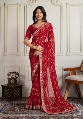 Maroon Embroidered faux georgette Saree Set