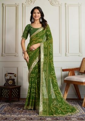Green Embroidered faux georgette Saree Set