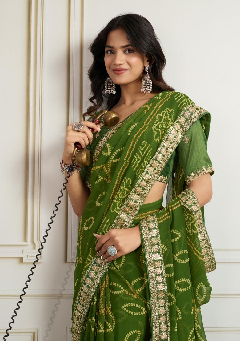 Green Embroidered faux georgette Saree Set - Indya