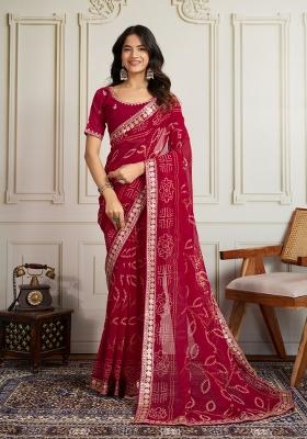 Pink Embroidered faux georgette Saree Set