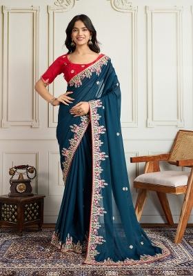 Blue Embroidered faux georgette Saree Set
