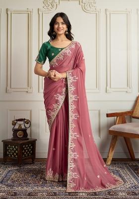 Pink Embroidered faux georgette Saree Set