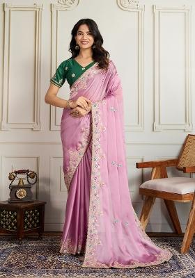 Pink Embroidered faux georgette Saree Set