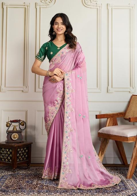 Pink Embroidered faux georgette Saree Set