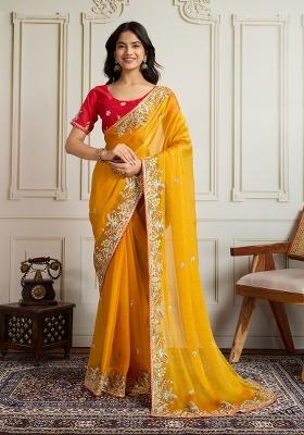 Yellow Embroidered Chiffon Saree Set