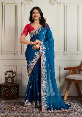 Blue Embroidered Chiffon Saree Set