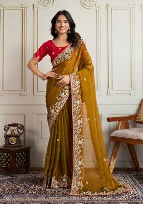Gold Embroidered Chiffon Saree Set