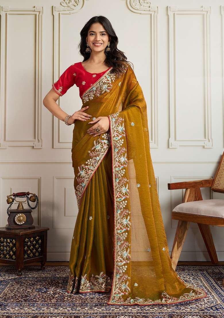 Gold Embroidered Chiffon Saree Set for Diwali and Festive Wear - Indya