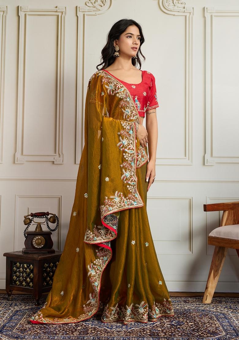 Gold Embroidered Chiffon Saree Set - Indya