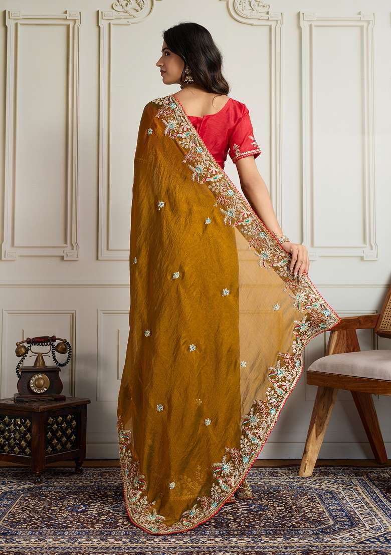Gold Embroidered Chiffon Saree Set for Diwali and Festive Wear - Indya