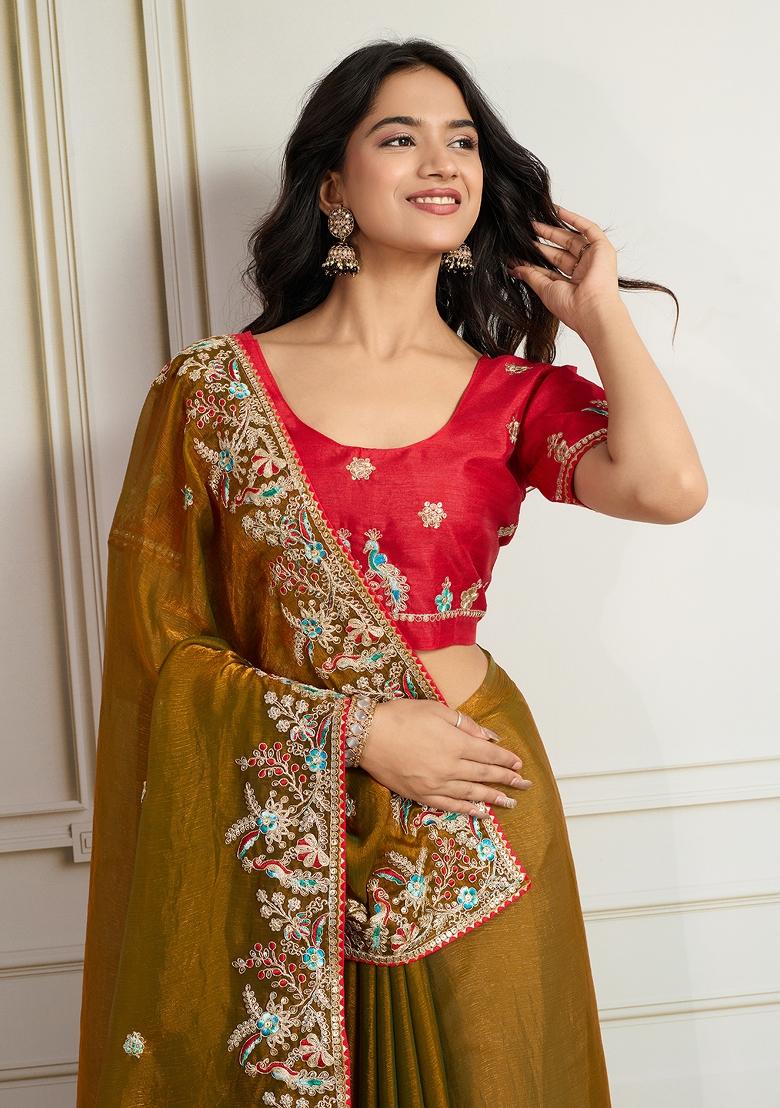 Gold Embroidered Chiffon Saree Set - Indya