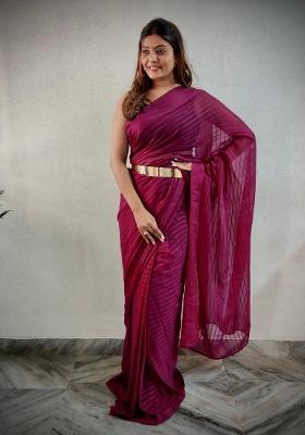 Wine Embroidered viscose Saree Set