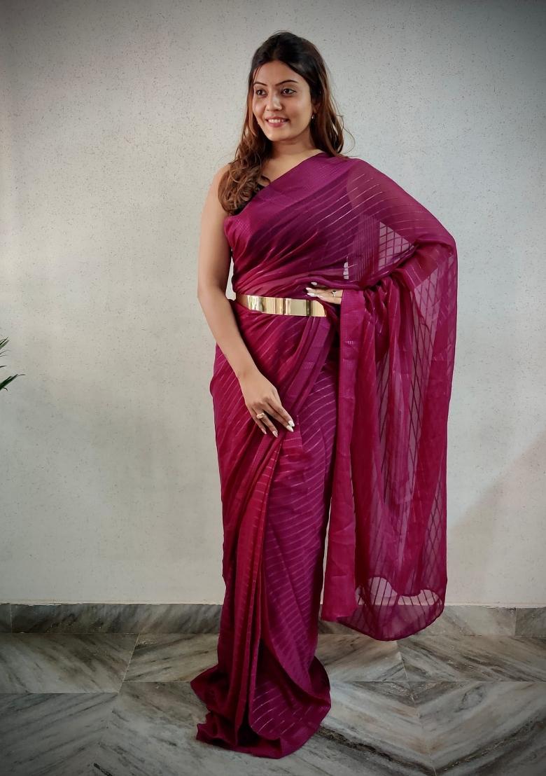 Wine Embroidered viscose Saree Set