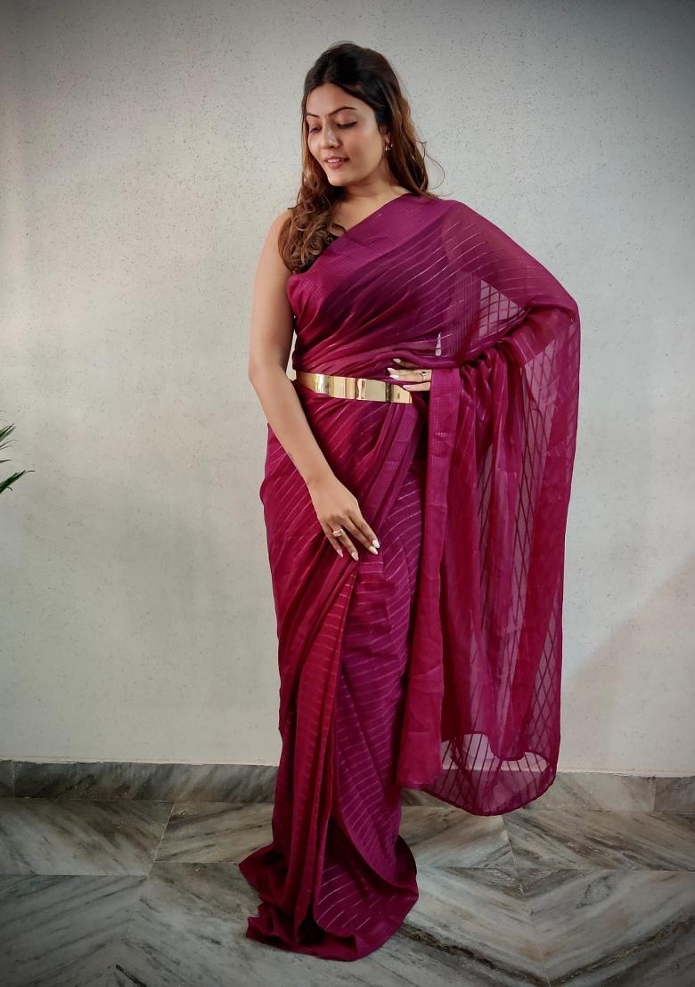 Wine Embroidered viscose Saree Set