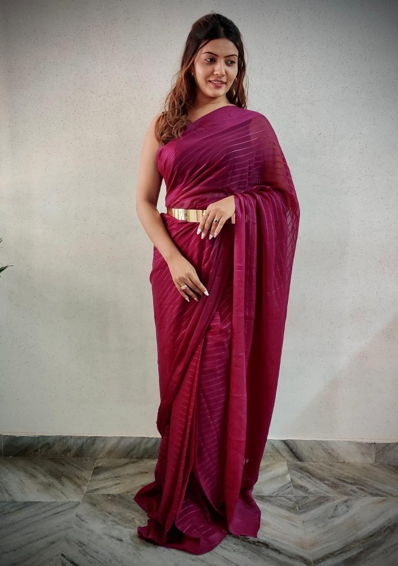 Wine Embroidered viscose Saree Set